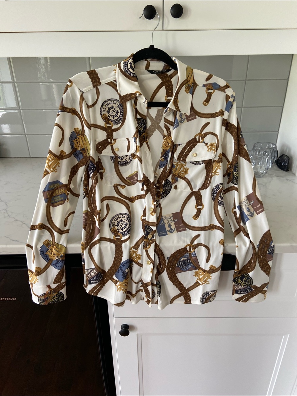 Ralph Lauren White Blouse with Brown & Gold Chain Print